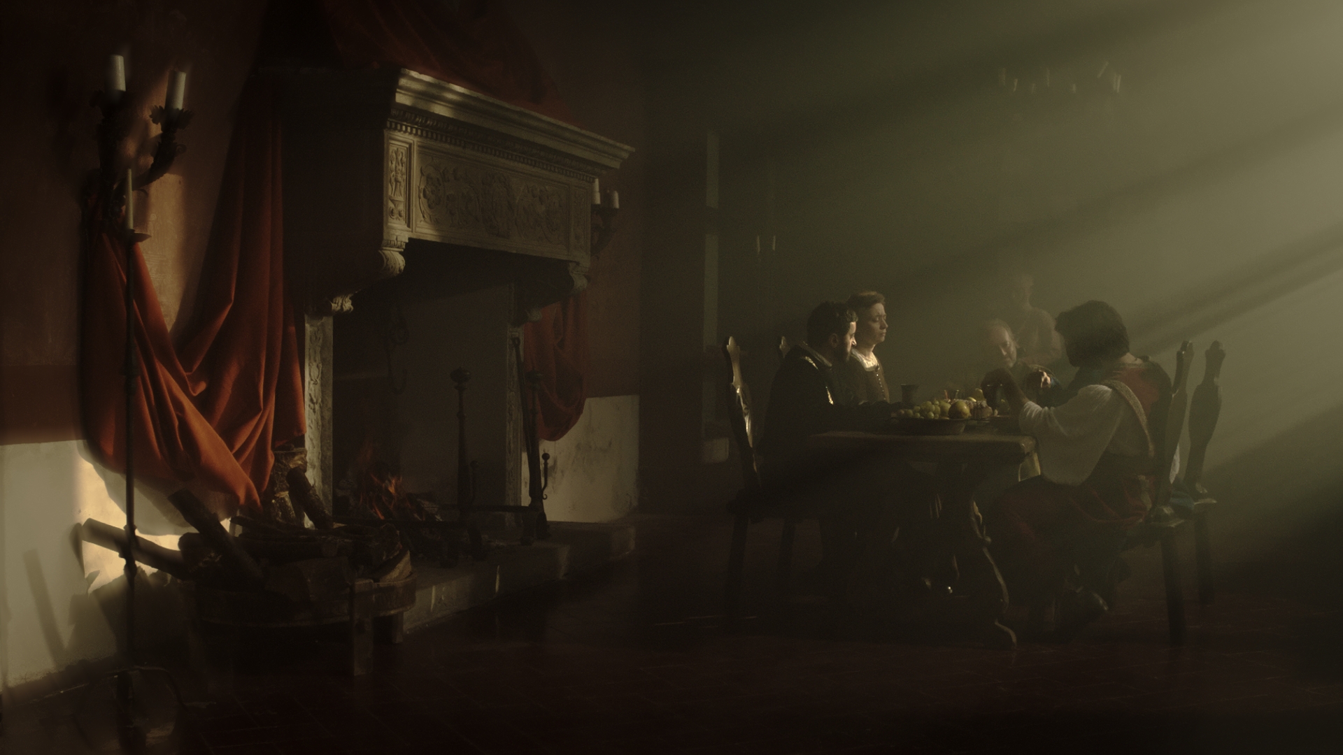Cinematic film still from 'Parola di Tommaso' with cinematography by Alessandro Valori Sbranzo. Dramatic Caravaggio-inspired chiaroscuro lighting, with volumetric god rays from the right, illuminates a historical group at a rustic table in a dark room featuring an ornate fireplace.