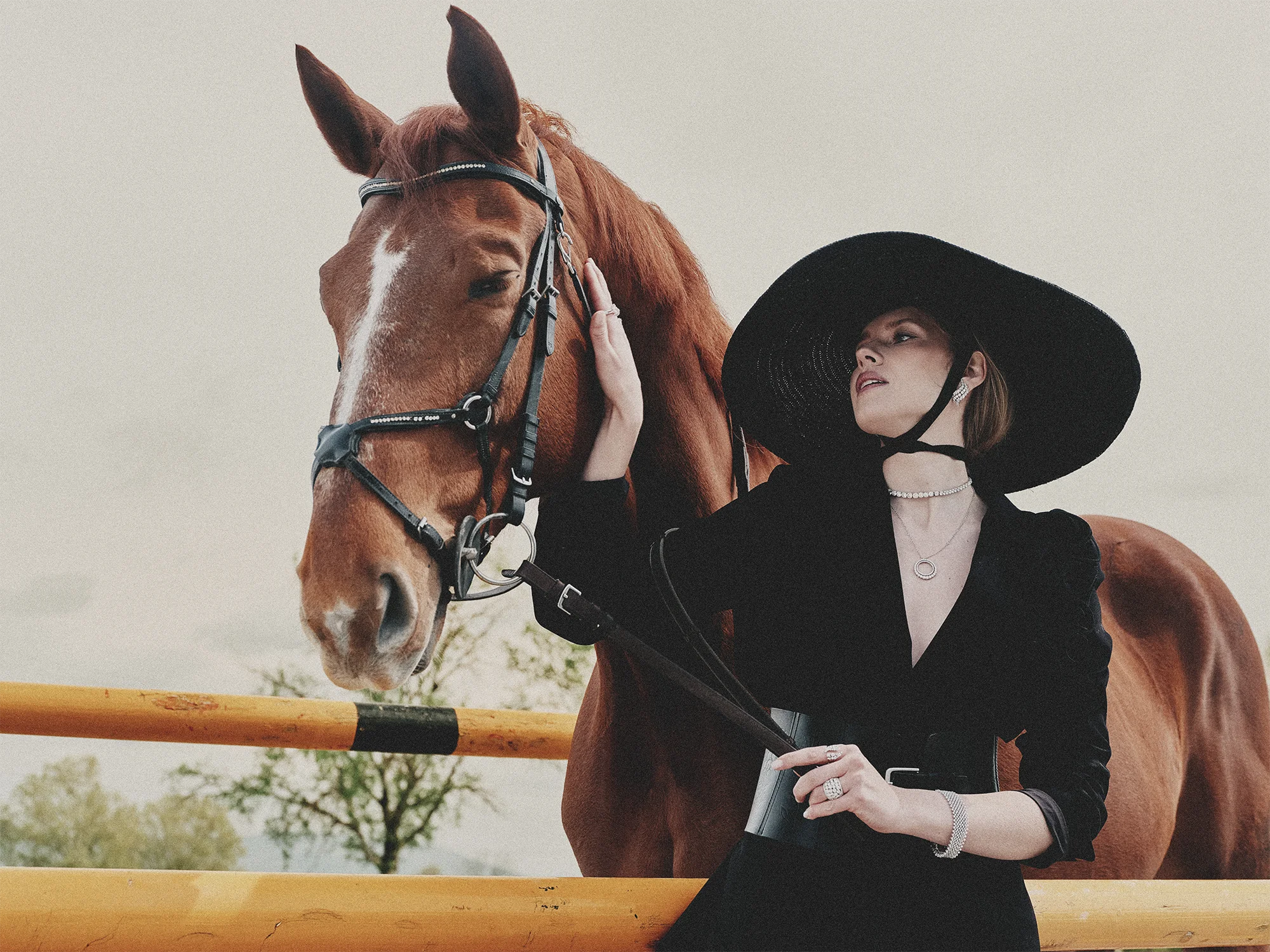 Fashion jewelry editorial – model in a wide-brim hat resting her hand on a chestnut horse, wearing a diamond choker, pendant necklace, ring and bracelet – Sbranzo Alessandro Valori Studio Vago